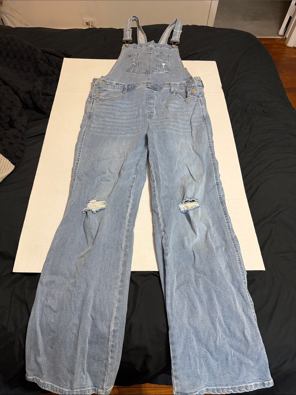 Light Blue Denim Women's Overalls with Distressed Knees
